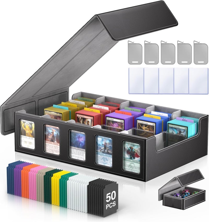 MORCCO Trading Card Storage Box 5-Row 3900+ Capacity,TCG MTG Card Case with Magnetic Lid & Commander Display,Top Loader Storage for Sports Cards,Includes Dividers Dice Box - Image 1